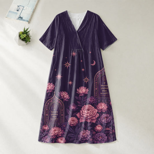 Christianartworkshop If Heaven Praises Him Peony Celestial V-Neck Short Sleeve Midi Dress