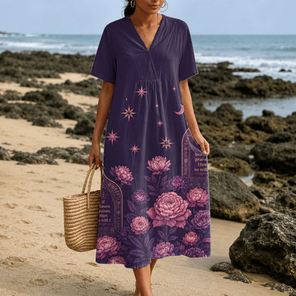 Christianartworkshop If Heaven Praises Him Peony Celestial V-Neck Short Sleeve Midi Dress