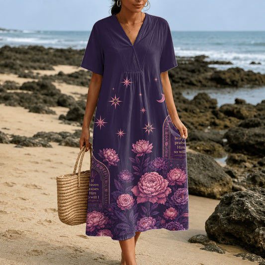 Christianartworkshop If Heaven Praises Him Peony Celestial V-Neck Short Sleeve Midi Dress