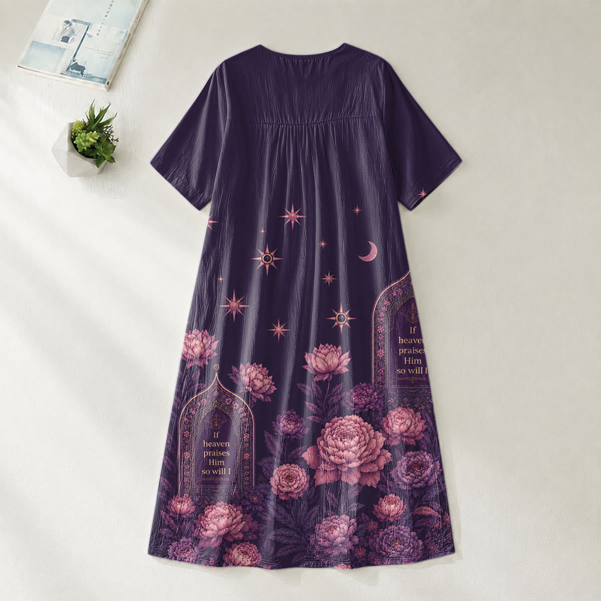 Christianartworkshop If Heaven Praises Him Peony Celestial V-Neck Short Sleeve Midi Dress