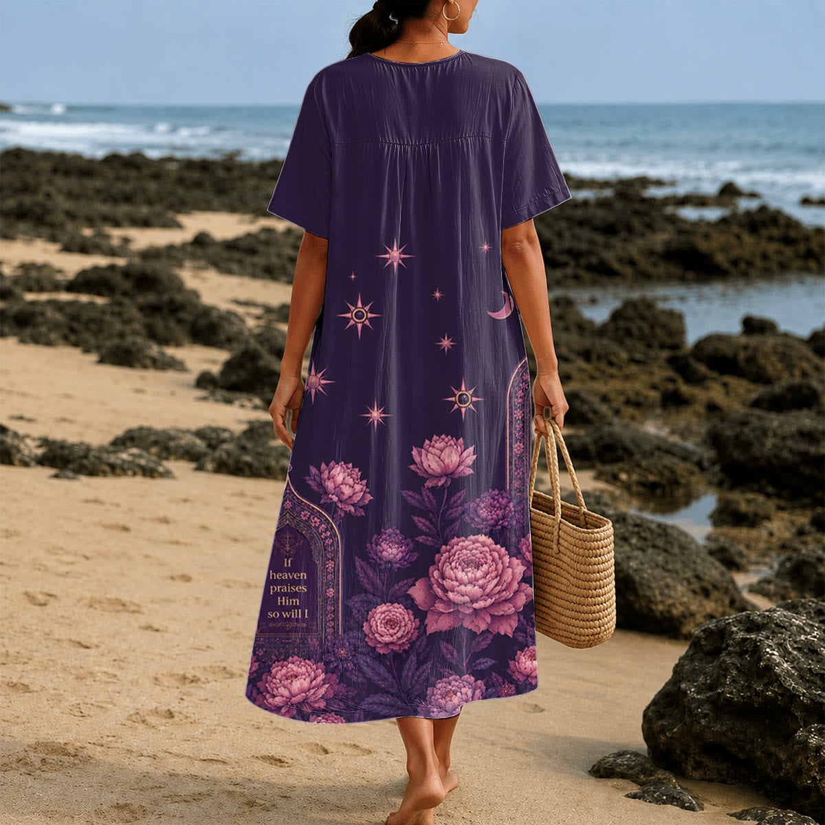 Christianartworkshop If Heaven Praises Him Peony Celestial V-Neck Short Sleeve Midi Dress