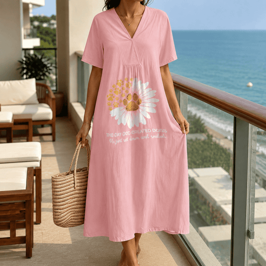 Christianartworkshop The Day God Created Dogs Daisy & Paw Print V-Neck Short Sleeve Midi Dress