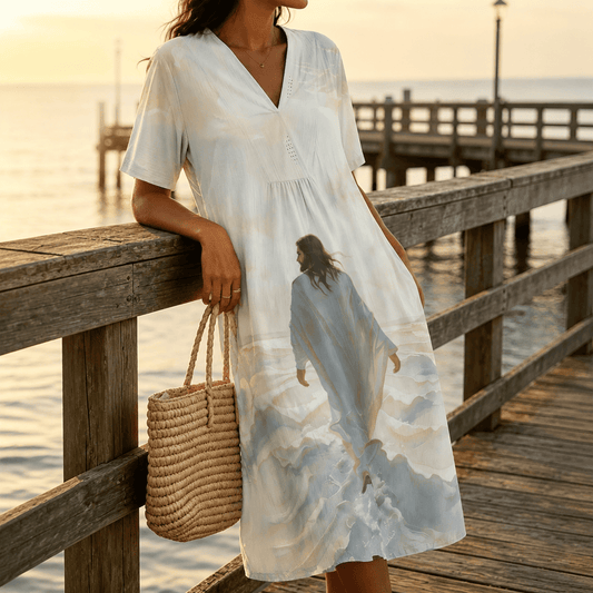 Christianartworkshop Faithful "Jesus Walks On Water" Scenic V-Neck Short Sleeve Midi Dress