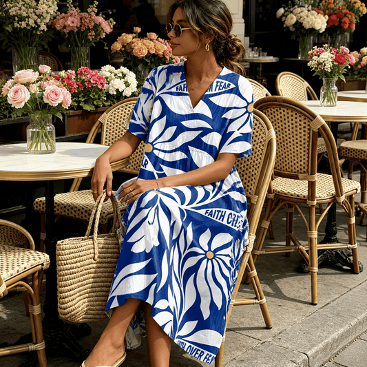 Christianartworkshop "Faith Over Fear" Tropical Floral Print V-Neck Short Sleeve Midi Dress