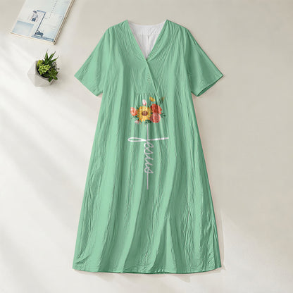 Christianartworkshop Jesus Script Cross & Sunflower Floral V-Neck Short Sleeve Midi Dress