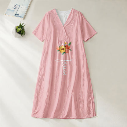 Christianartworkshop Jesus Script Cross & Sunflower Floral V-Neck Short Sleeve Midi Dress