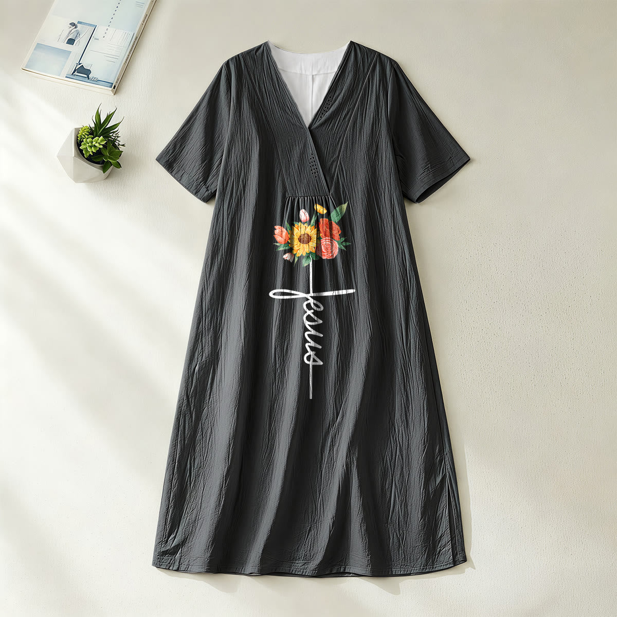 Christianartworkshop Jesus Script Cross & Sunflower Floral V-Neck Short Sleeve Midi Dress