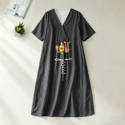 Christianartworkshop Jesus Script Cross & Sunflower Floral V-Neck Short Sleeve Midi Dress