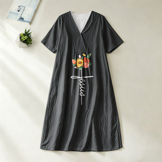 Christianartworkshop Jesus Script Cross & Sunflower Floral V-Neck Short Sleeve Midi Dress