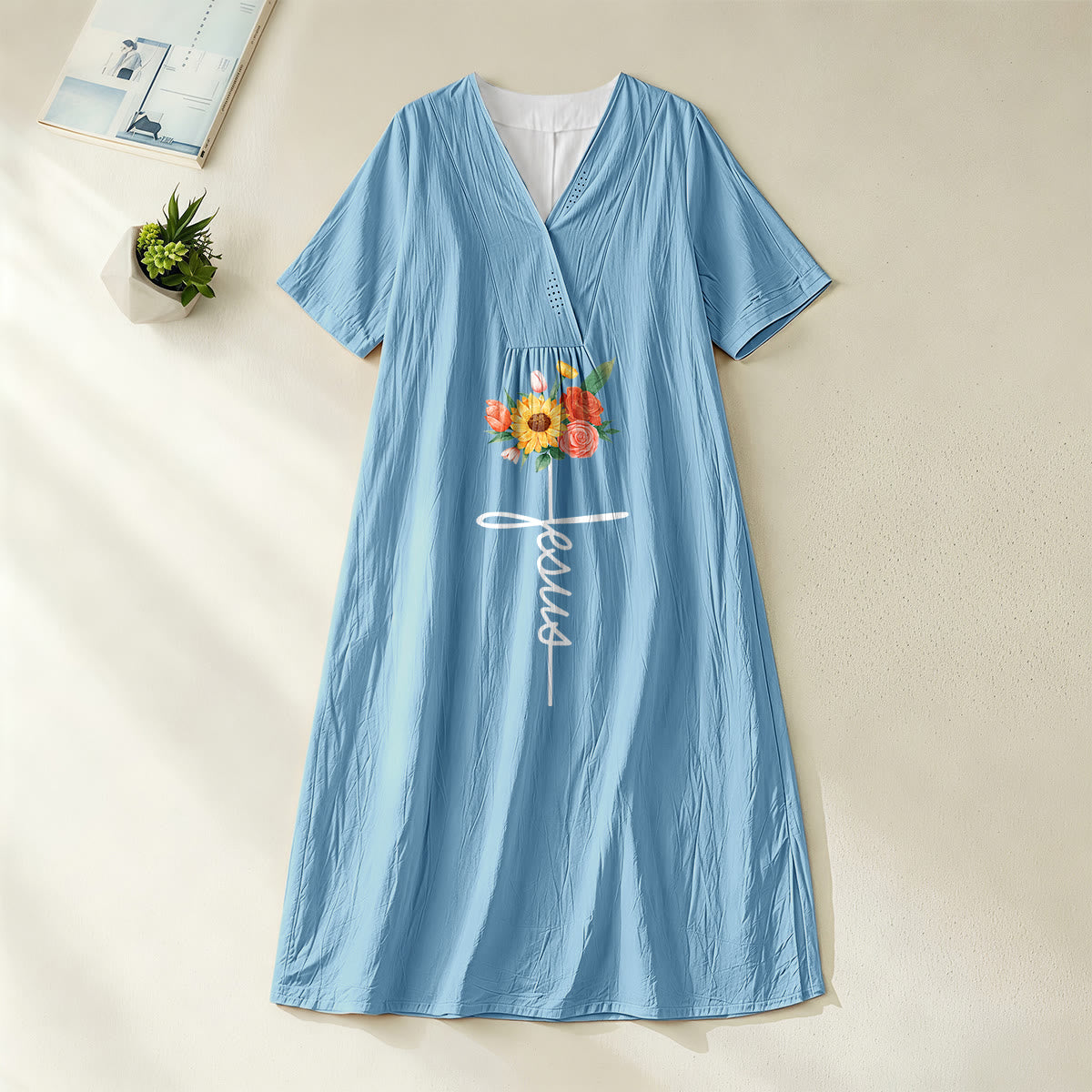 Christianartworkshop Jesus Script Cross & Sunflower Floral V-Neck Short Sleeve Midi Dress
