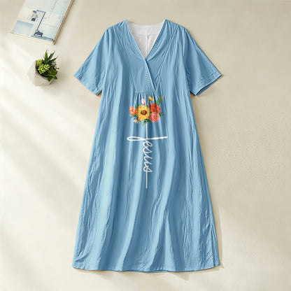Christianartworkshop Jesus Script Cross & Sunflower Floral V-Neck Short Sleeve Midi Dress
