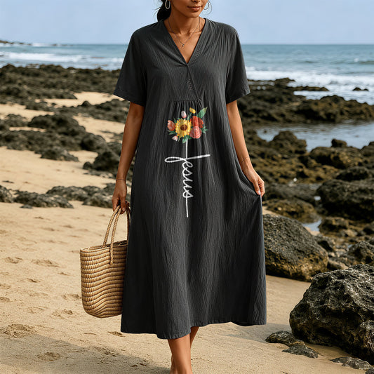 Christianartworkshop Jesus Script Cross & Sunflower Floral V-Neck Short Sleeve Midi Dress
