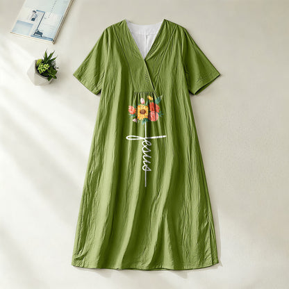 Christianartworkshop Jesus Script Cross & Sunflower Floral V-Neck Short Sleeve Midi Dress