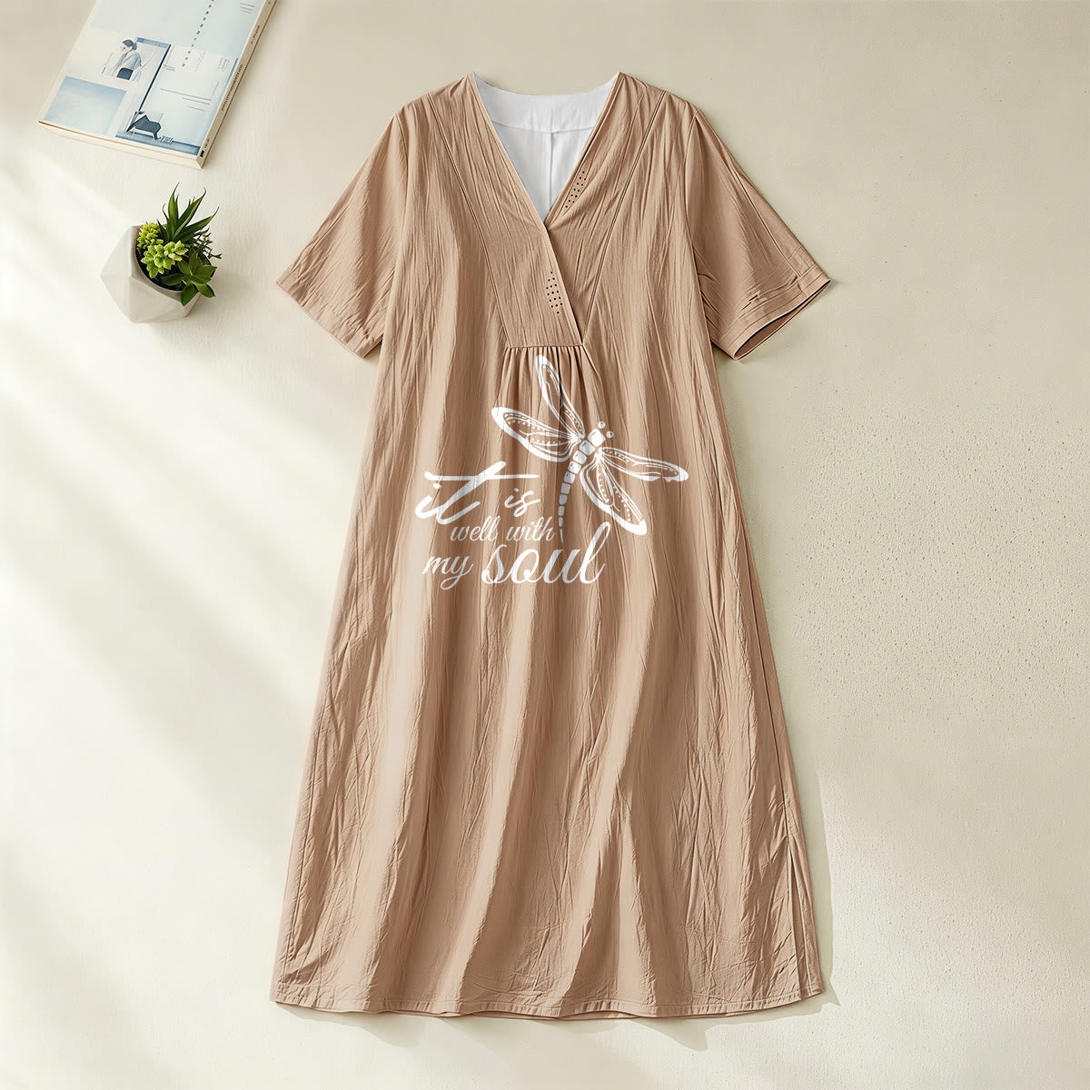 Christianartworkshop Summer Beach Faith Verse Dragonfly V-Neck Short Sleeve Midi Dress