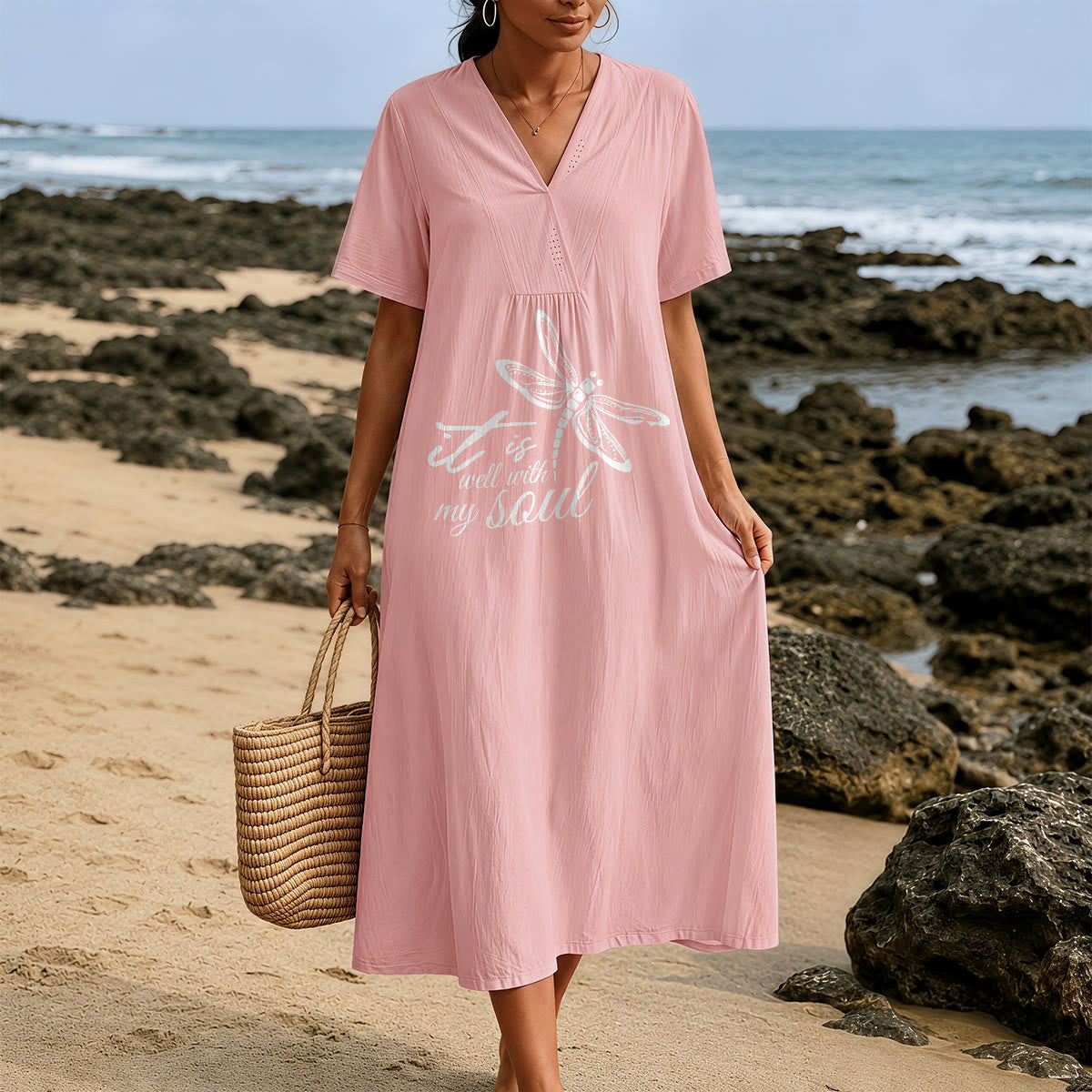 Christianartworkshop Summer Beach Faith Verse Dragonfly V-Neck Short Sleeve Midi Dress