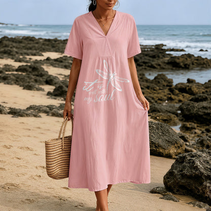 Christianartworkshop Summer Beach Faith Verse Dragonfly V-Neck Short Sleeve Midi Dress