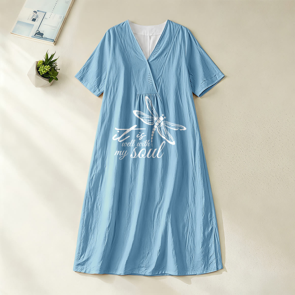 Christianartworkshop Summer Beach Faith Verse Dragonfly V-Neck Short Sleeve Midi Dress
