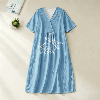 Christianartworkshop Summer Beach Faith Verse Dragonfly V-Neck Short Sleeve Midi Dress
