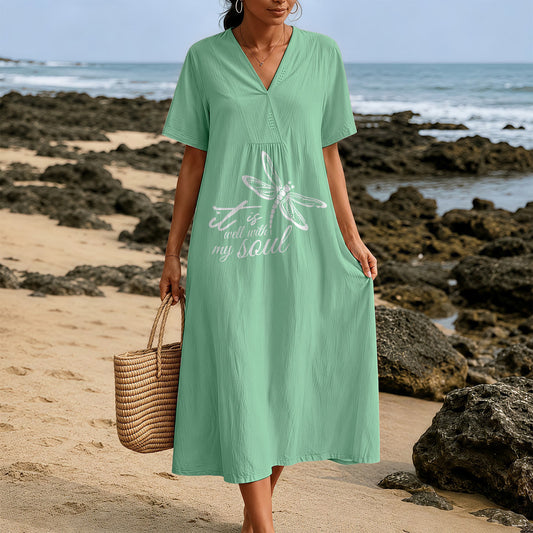 Christianartworkshop Summer Beach Faith Verse Dragonfly V-Neck Short Sleeve Midi Dress