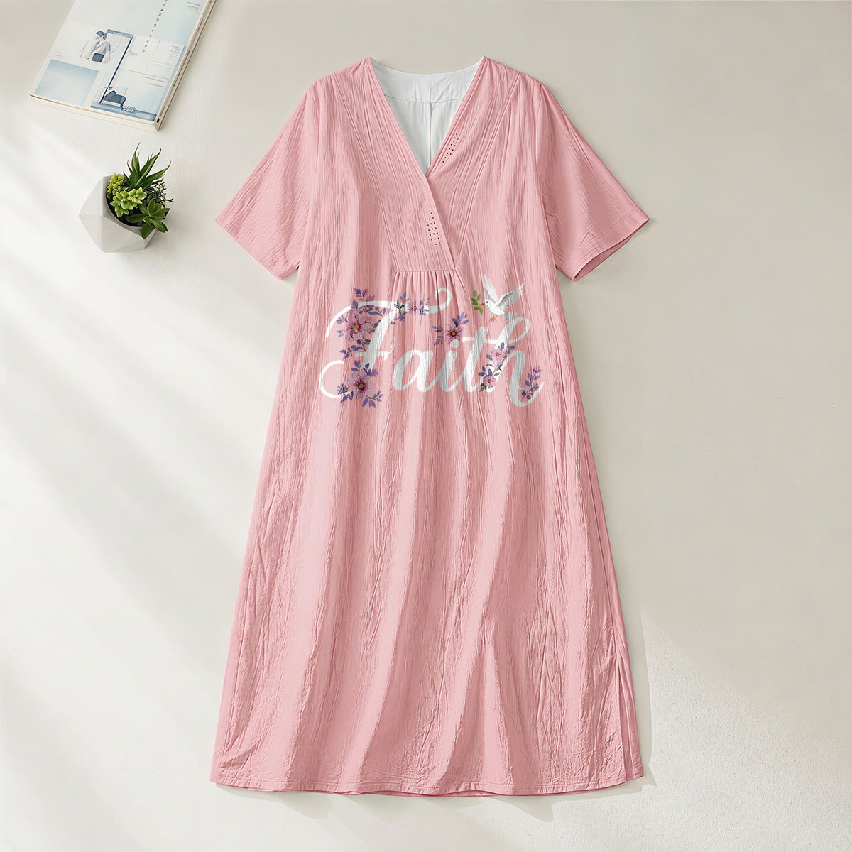 Christianartworkshop Faith Script White Dove & Blossom Print V-Neck Beach Midi Dress