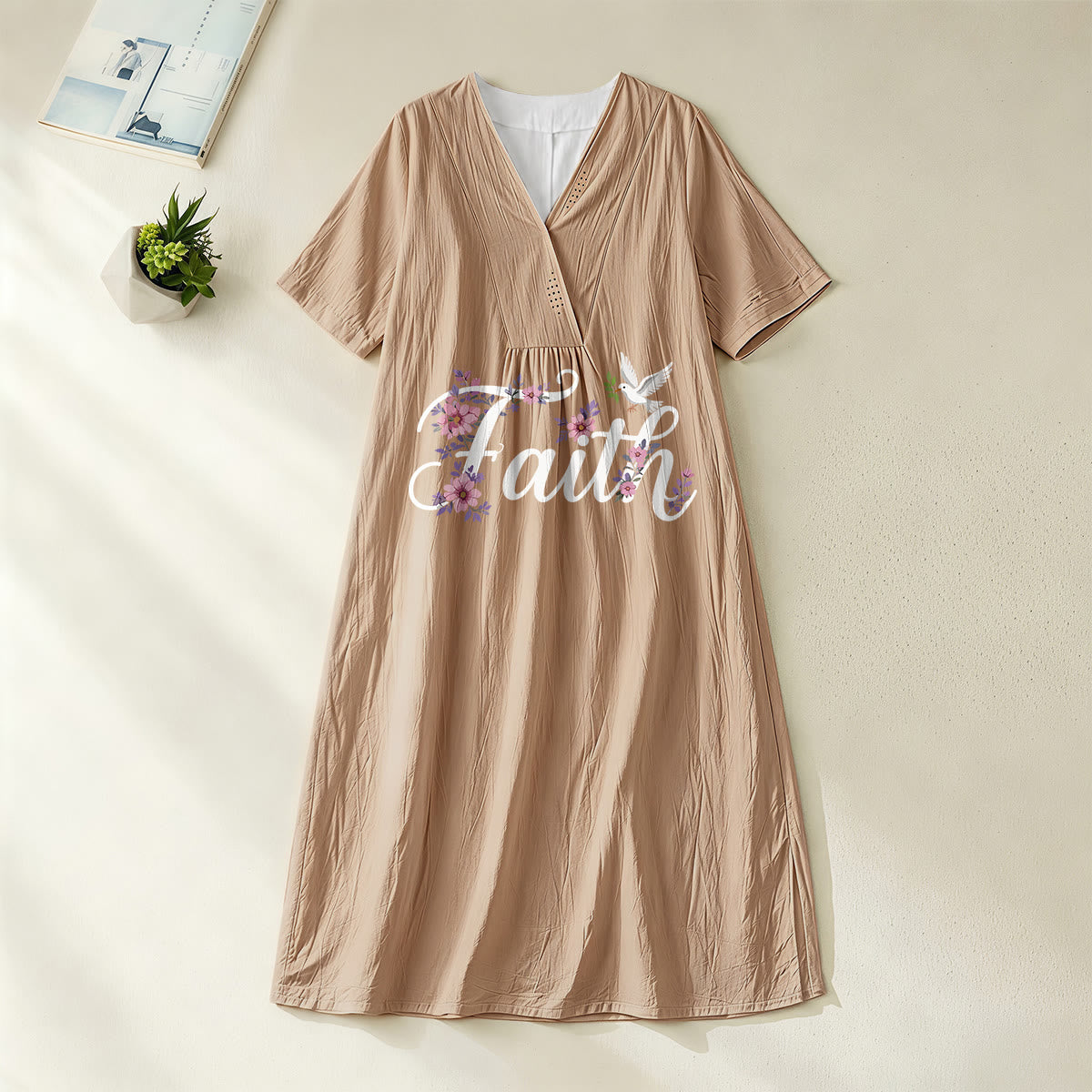 Christianartworkshop Faith Script White Dove & Blossom Print V-Neck Beach Midi Dress