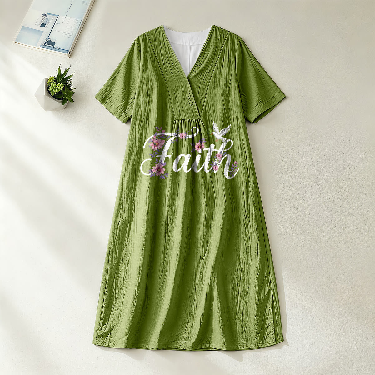 Christianartworkshop Faith Script White Dove & Blossom Print V-Neck Beach Midi Dress