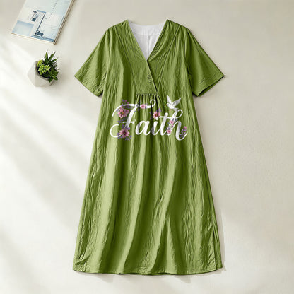 Christianartworkshop Faith Script White Dove & Blossom Print V-Neck Beach Midi Dress