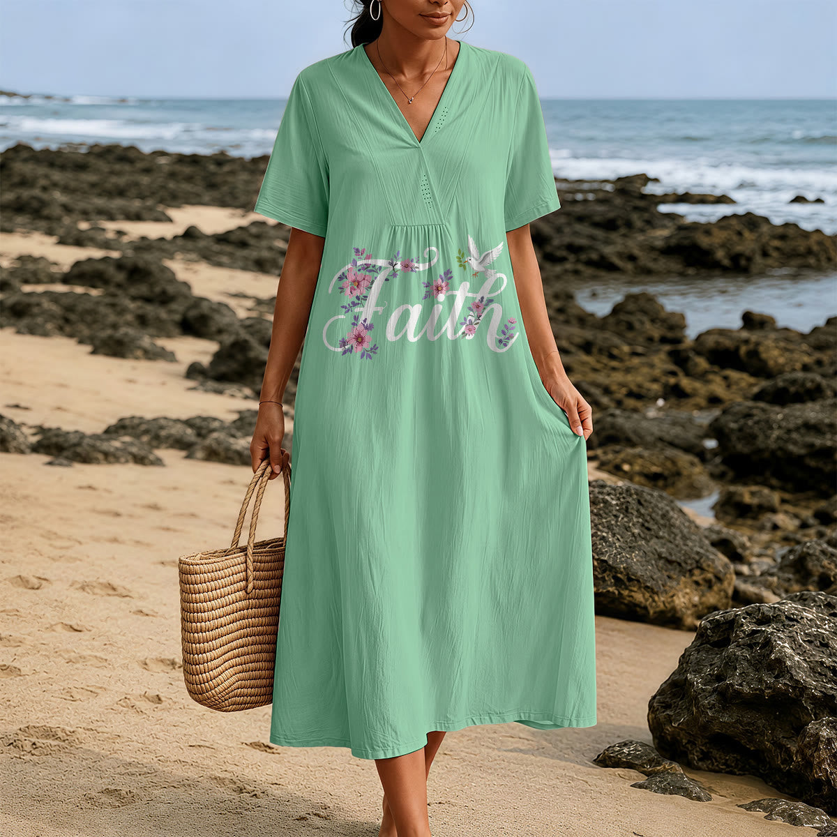 Christianartworkshop Faith Script White Dove & Blossom Print V-Neck Beach Midi Dress