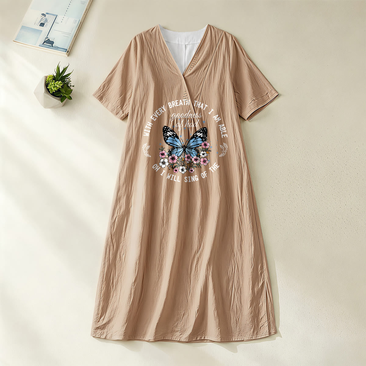 Christianartworkshop Bible Verse Butterfly & Floral Wreath V-Neck Short Sleeve Midi Dress