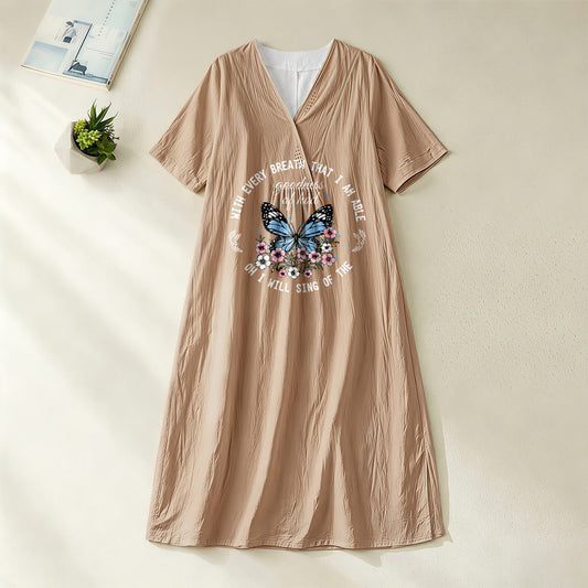 Christianartworkshop Bible Verse Butterfly & Floral Wreath V-Neck Short Sleeve Midi Dress