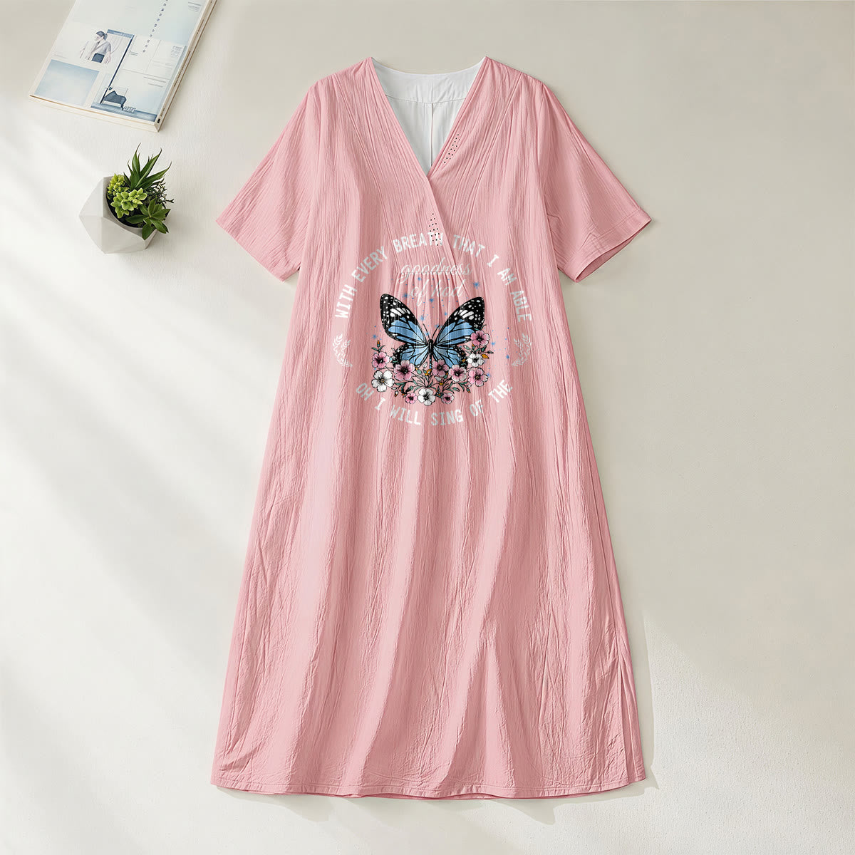 Christianartworkshop Bible Verse Butterfly & Floral Wreath V-Neck Short Sleeve Midi Dress