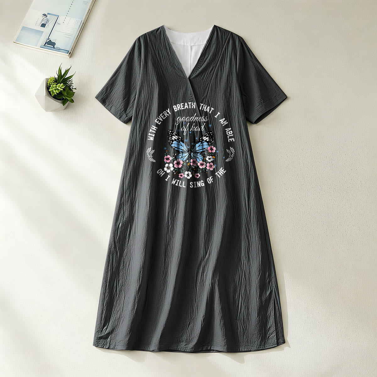 Christianartworkshop Bible Verse Butterfly & Floral Wreath V-Neck Short Sleeve Midi Dress