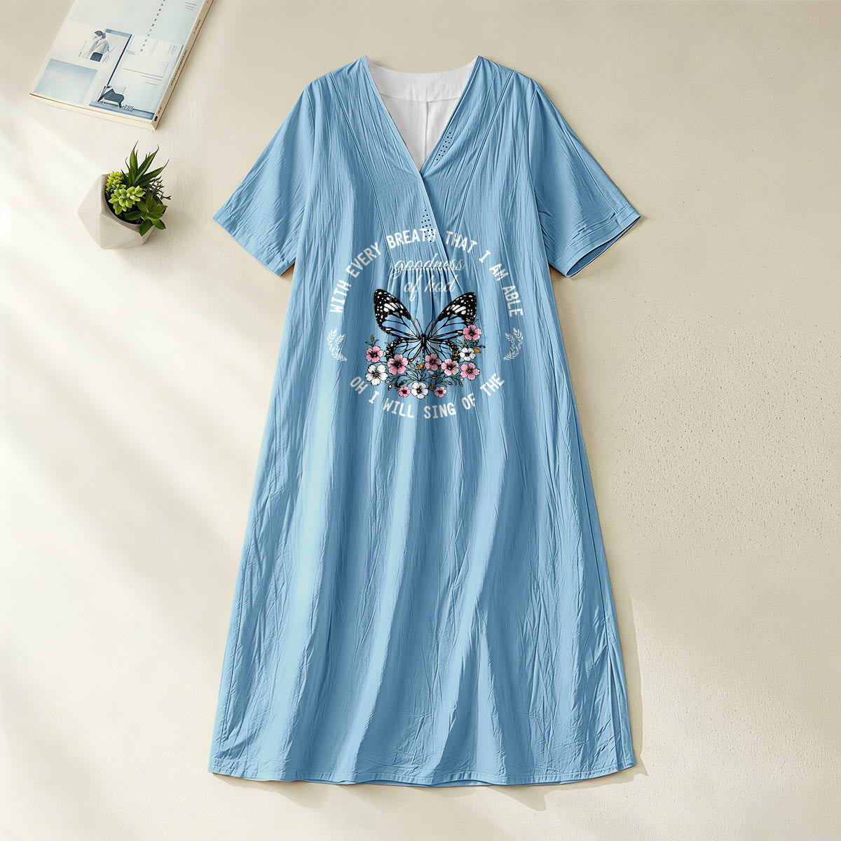 Christianartworkshop Bible Verse Butterfly & Floral Wreath V-Neck Short Sleeve Midi Dress