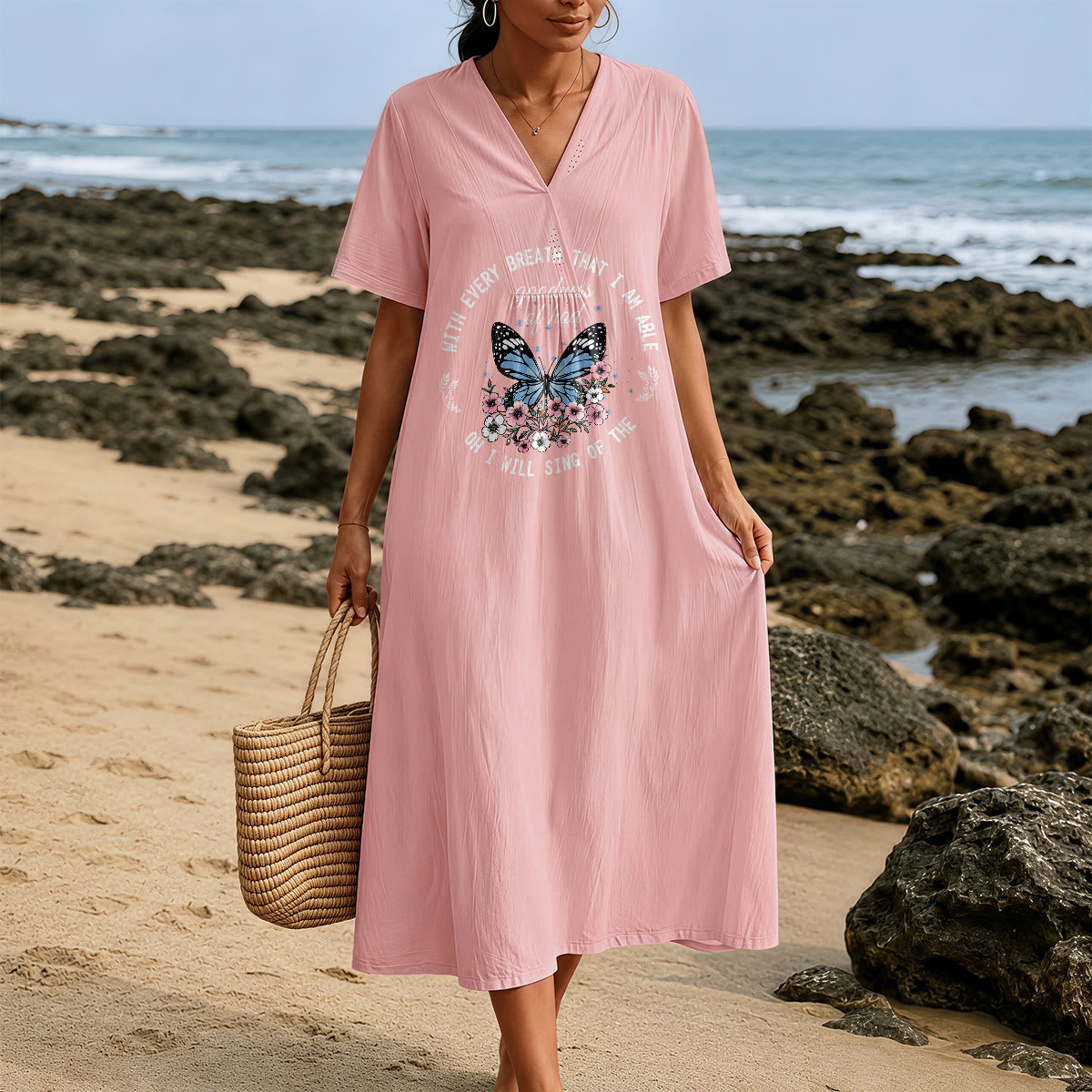 Christianartworkshop Bible Verse Butterfly & Floral Wreath V-Neck Short Sleeve Midi Dress