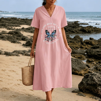 Christianartworkshop Bible Verse Butterfly & Floral Wreath V-Neck Short Sleeve Midi Dress