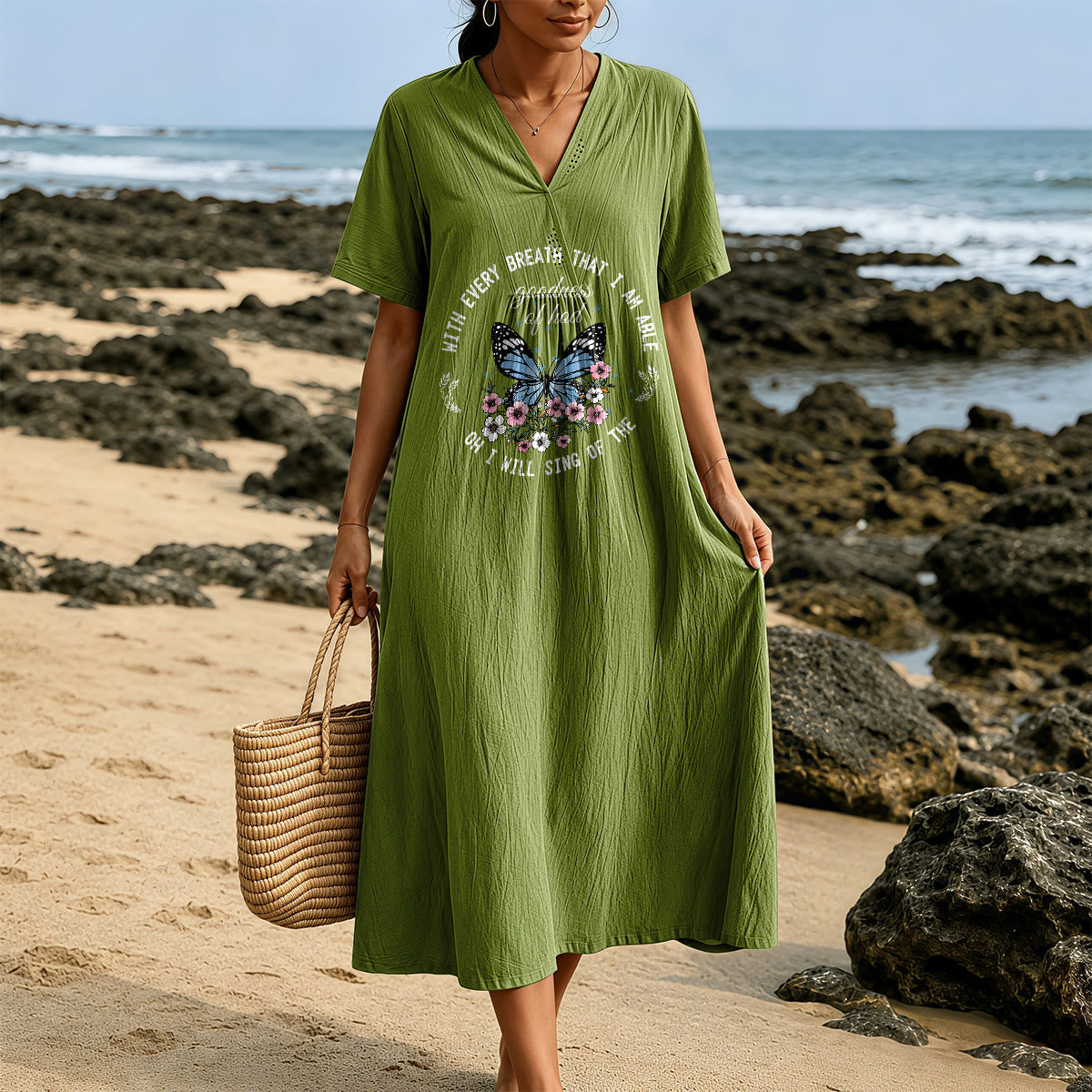 Christianartworkshop Bible Verse Butterfly & Floral Wreath V-Neck Short Sleeve Midi Dress