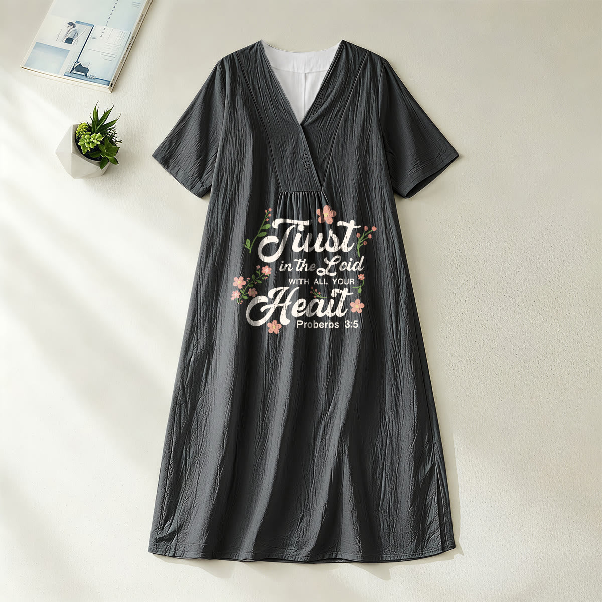 Christianartworkshop Trust In The Lord With All Your Heart Proverbs 3:5 Floral V-Neck Midi Dress