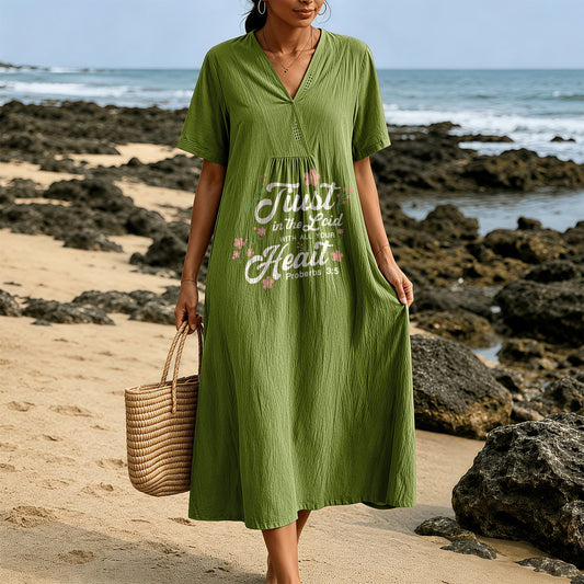 Christianartworkshop Trust In The Lord With All Your Heart Proverbs 3:5 Floral V-Neck Midi Dress