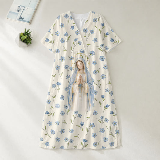 Christianartworkshop Soft Watercolor Our Lady Floral V-Neck Short Sleeve Midi Dress