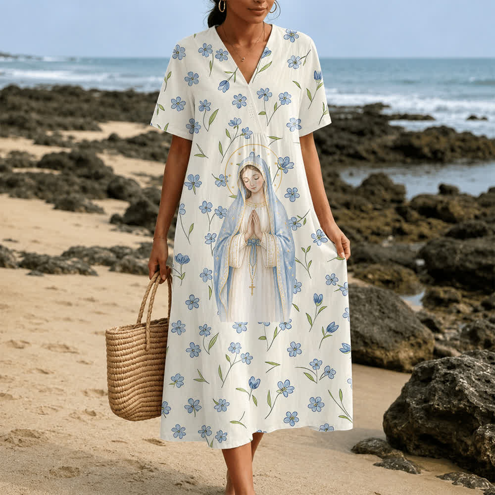 Christianartworkshop Soft Watercolor Our Lady Floral V-Neck Short Sleeve Midi Dress