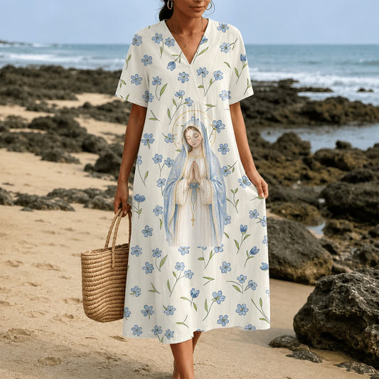 Christianartworkshop Soft Watercolor Our Lady Floral V-Neck Short Sleeve Midi Dress