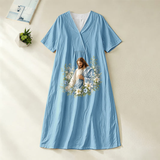 Christianartworkshop Jesus Floral Wreath Watercolor V-Neck Short Sleeve Midi Dress