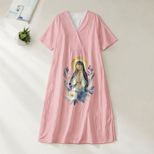 Christianartworkshop Gentle Our Lady Watercolor Floral Accent V-Neck Short Sleeve Midi Dress