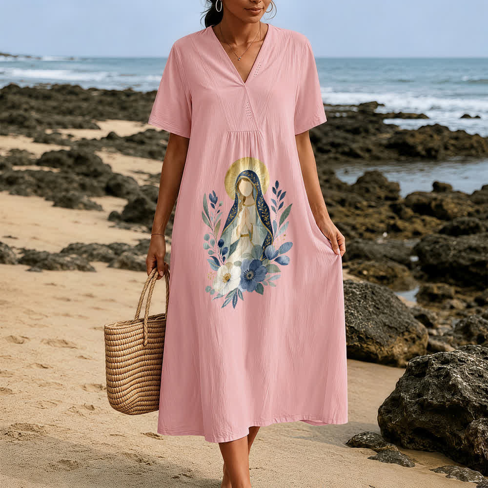 Christianartworkshop Gentle Our Lady Watercolor Floral Accent V-Neck Short Sleeve Midi Dress