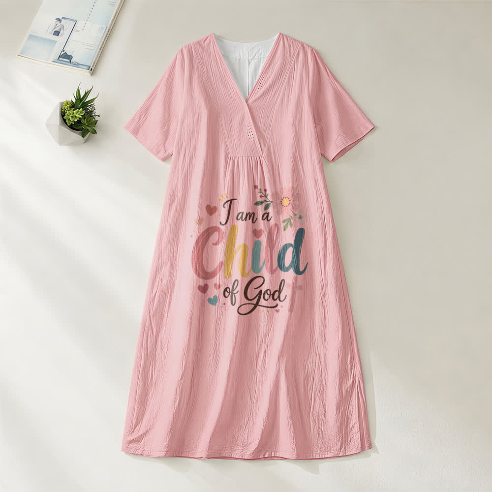 Christianartworkshop I Am a Child of God Floral & Heart V-Neck Short Sleeve Midi Dress