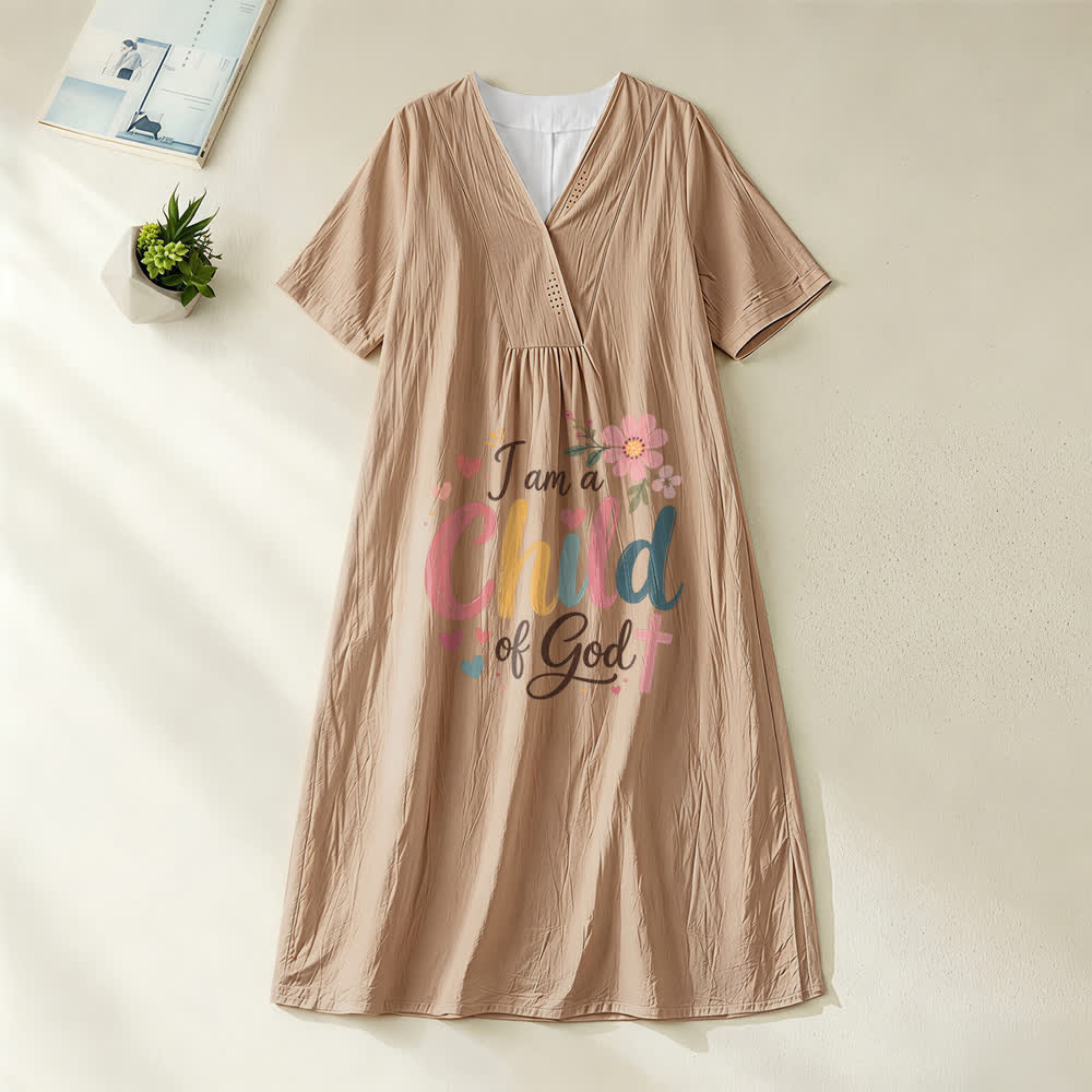 Christianartworkshop I Am a Child of God Floral & Heart V-Neck Short Sleeve Midi Dress