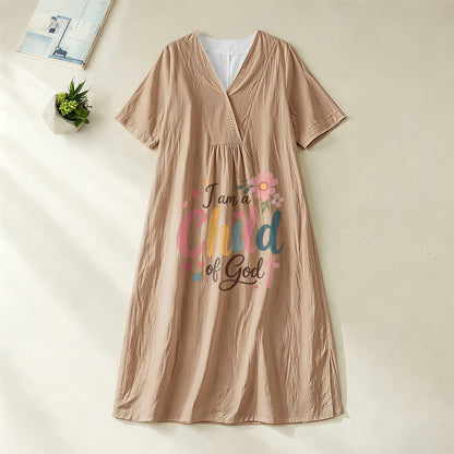 Christianartworkshop I Am a Child of God Floral & Heart V-Neck Short Sleeve Midi Dress