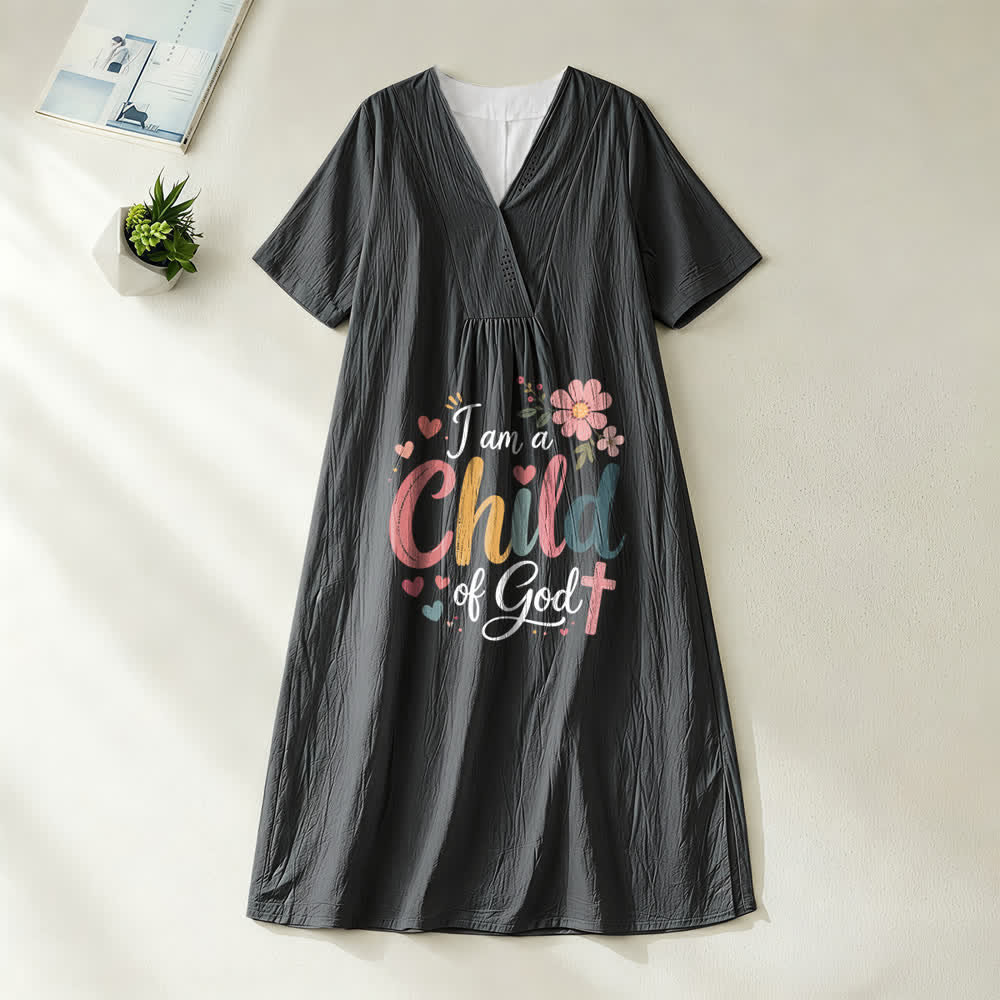 Christianartworkshop I Am a Child of God Floral & Heart V-Neck Short Sleeve Midi Dress