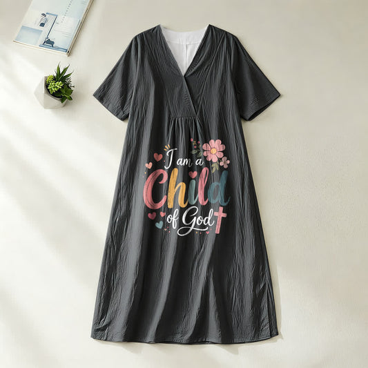 Christianartworkshop I Am a Child of God Floral & Heart V-Neck Short Sleeve Midi Dress