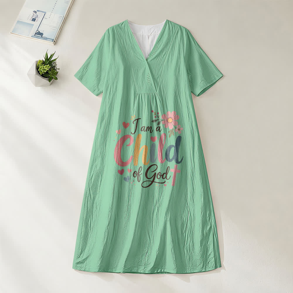 Christianartworkshop I Am a Child of God Floral & Heart V-Neck Short Sleeve Midi Dress